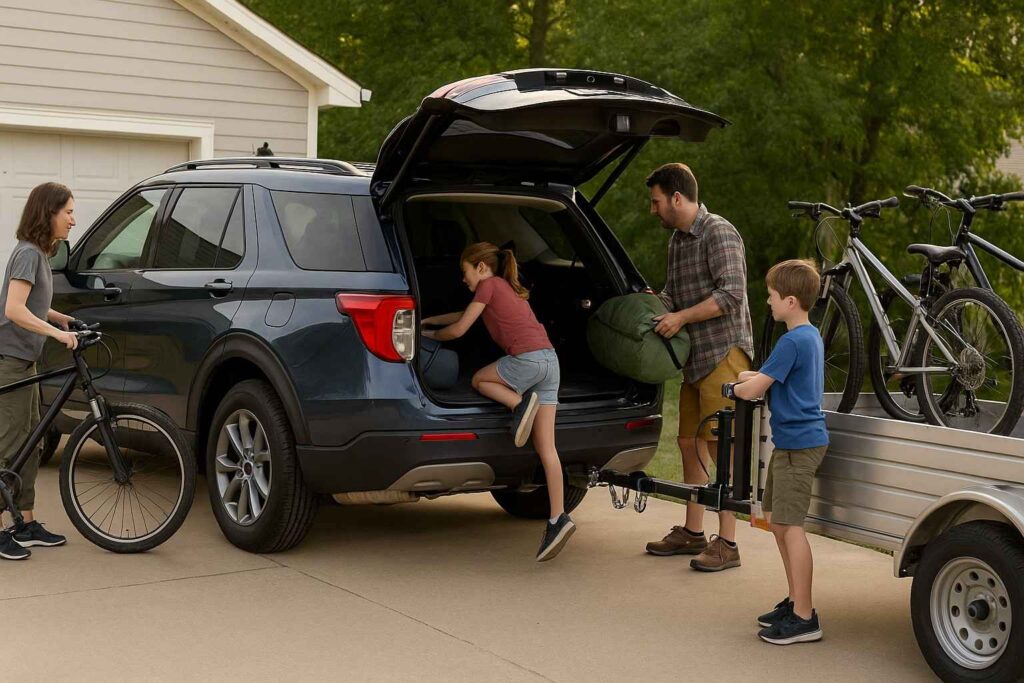 Family loading camping gear and bicycles into a Ford Explorer with a light trailer.