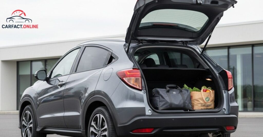 Rear 3/4 view of a gray 2025 Honda HR-V with open liftgate, showing spacious cargo area with duffel bag and groceries, highlighting its utility.