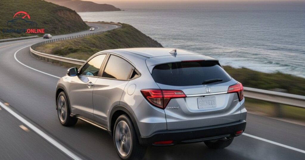 Silver 2025 Honda HR-V driving on a scenic coastal highway at sunset, illustrating its long-distance driving range and highway fuel economy.