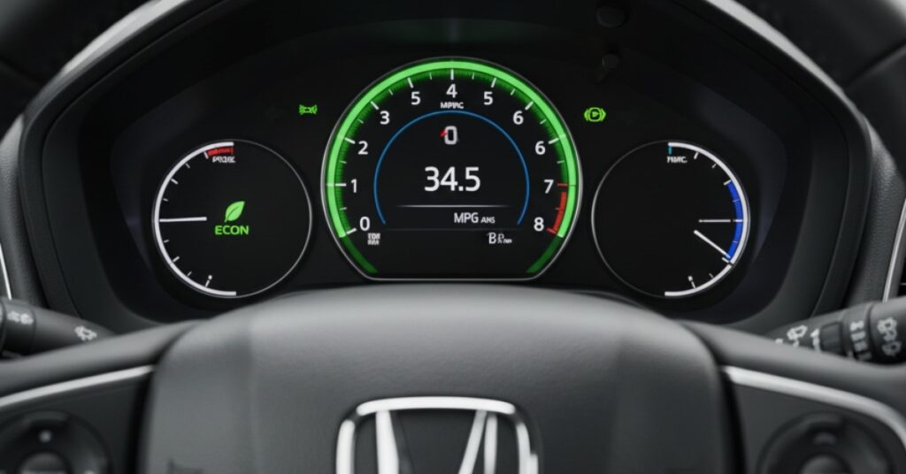 Close-up of 2025 Honda HR-V instrument cluster showing green Eco Assist™ System light and MPG display, with the ECON button and Honda logo on the steering wheel.