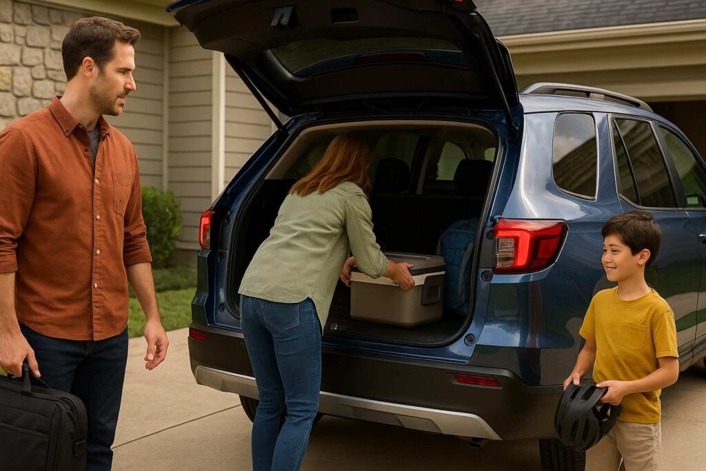 Family loading outdoor gear into a 2025 Honda Pilot SUV representing practical and eco-friendly family travel.