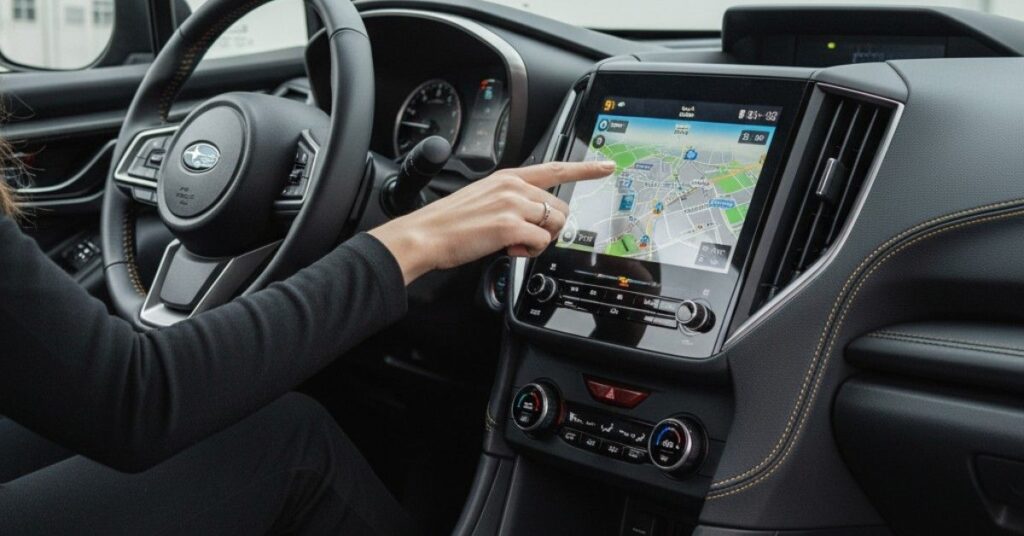Interior view of 2025 Subaru Crosstrek showing a person interacting with the 11.6-inch STARLINK touchscreen displaying navigation.