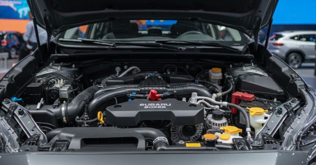 Close-up view of the 2025 Subaru Crosstrek's 2.5L BOXER engine under the open hood.