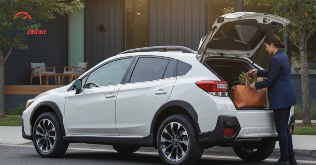 White 2025 Subaru Crosstrek parked in a modern suburban driveway, with a person loading groceries into the open trunk.