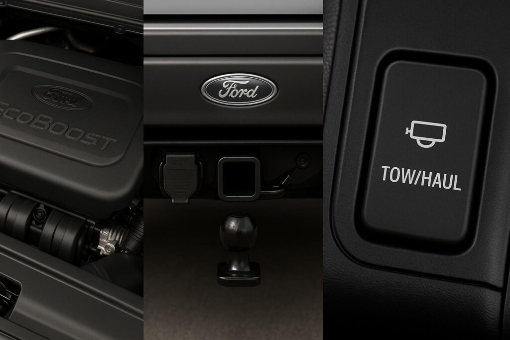 Close-up of Ford EcoBoost engine, trailer hitch, and tow/haul switch with Ford logo.