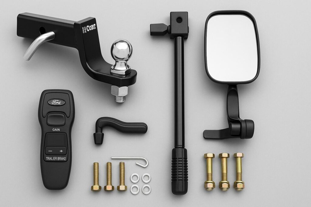 Flat-lay of Ford towing accessories including ball mount, sway bar, brake controller, and towing mirror.
