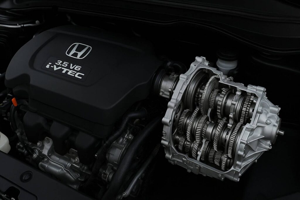 Close-up of Honda 3.5-liter V6 i-VTEC engine and 10-speed automatic transmission.