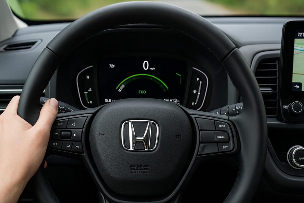 Honda Pilot interior showing Eco Assist dashboard lights and eco driving indicators.