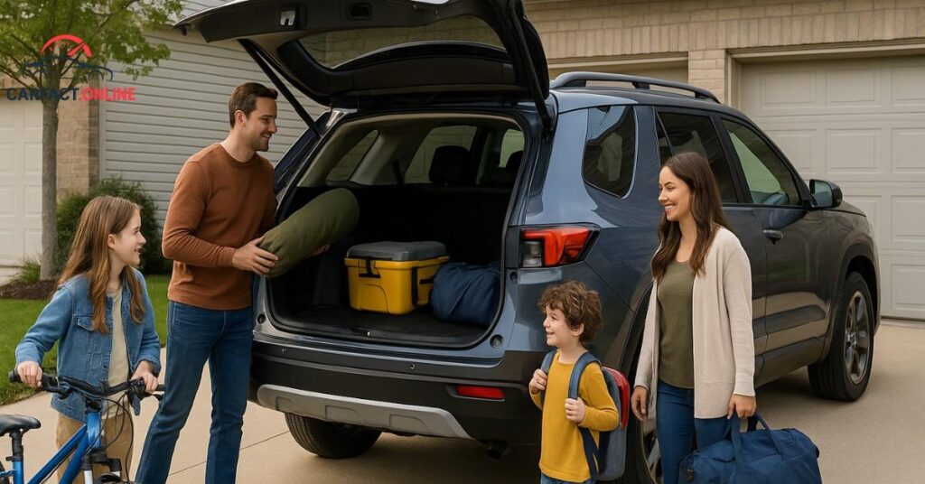 Family loading bikes and camping gear into the 2025 Honda Pilot parked in a driveway.