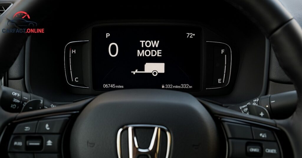 Close-up of the 2025 Honda Pilot dashboard showing Tow Mode and trailer icon illuminated.