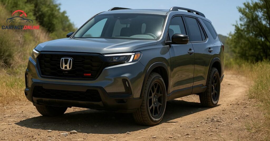 2025 Honda Pilot TrailSport climbing a dirt path showing off-road suspension and rugged tires.