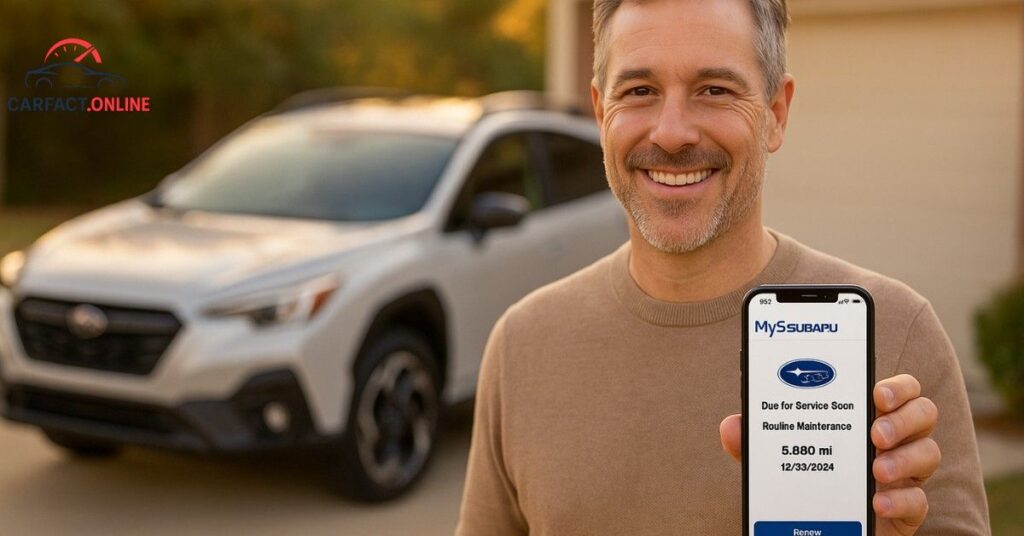 Subaru Crosstrek owner checking MySubaru app maintenance reminder on smartphone