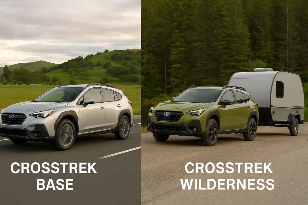 Subaru Crosstrek Base and Wilderness trims compared side by side, showing towing setup difference.