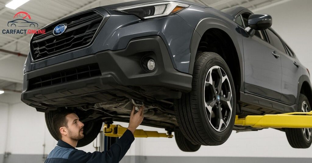 2025 Subaru Crosstrek on hydraulic lift during CVT transmission and brake system inspection