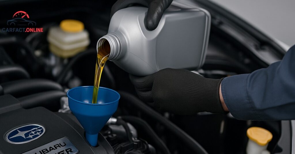Subaru technician performing oil and filter change on a 2025 Crosstrek BOXER engine