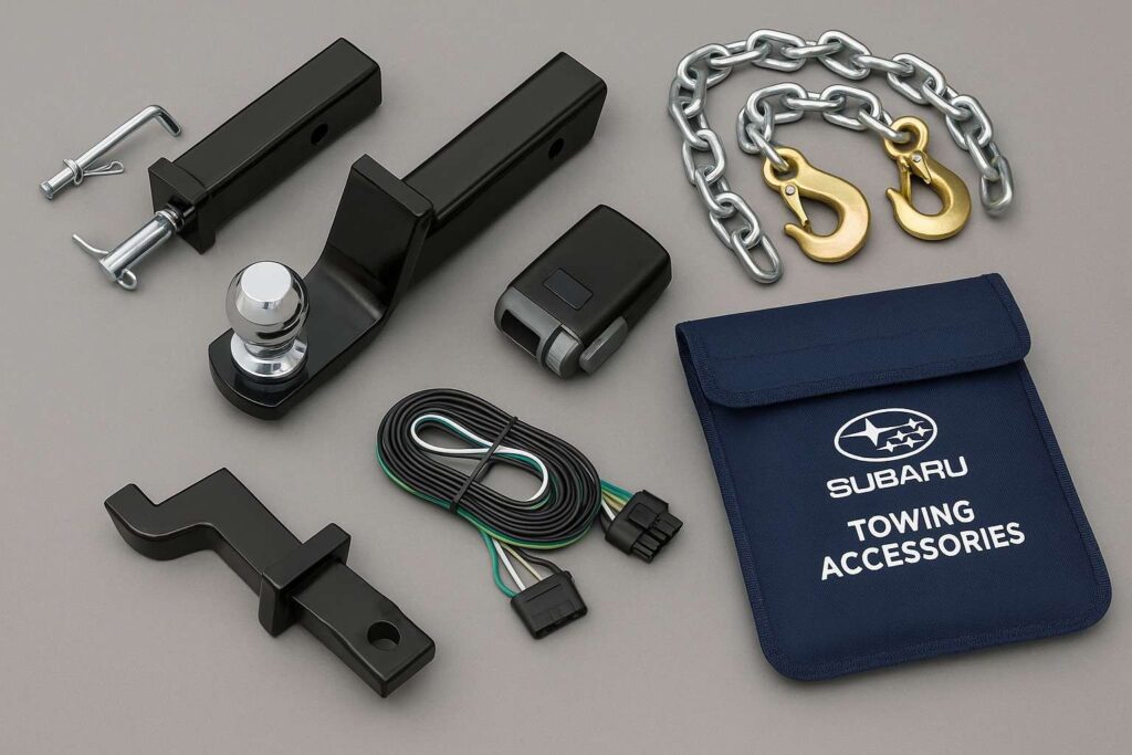 Subaru towing accessories including hitch receiver, wiring kit, safety chains, and brake controller neatly arranged.