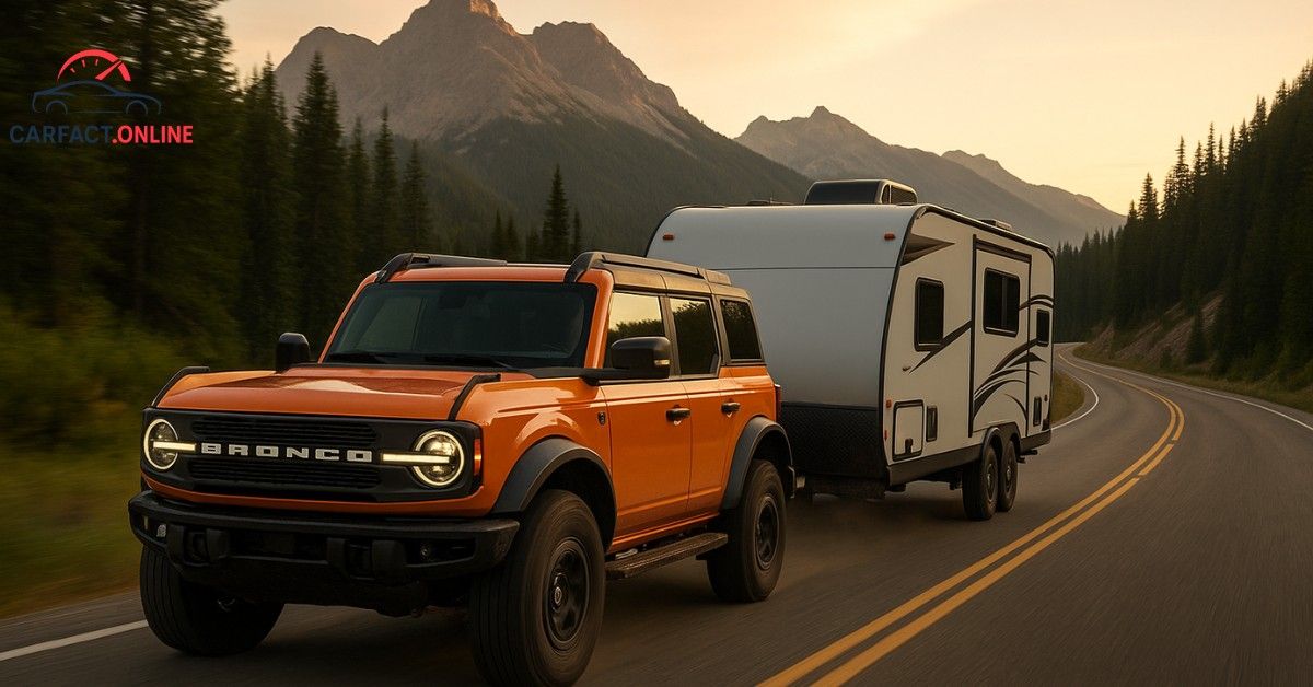 2025 Ford Bronco Towing Capacity – Raptor model towing a travel trailer on a scenic mountain road at sunrise.