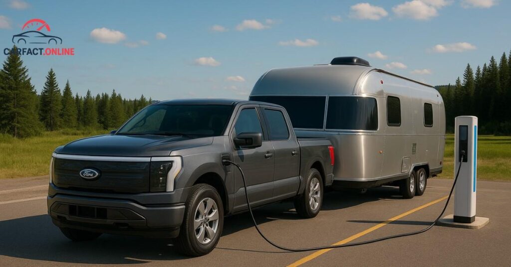 2025 Ford F-150 Lightning towing a trailer at an EV charging station