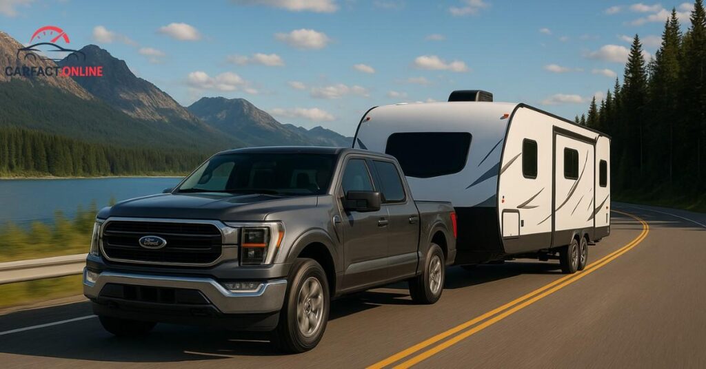 2025 Ford F-150 towing a medium-size camper on a scenic road