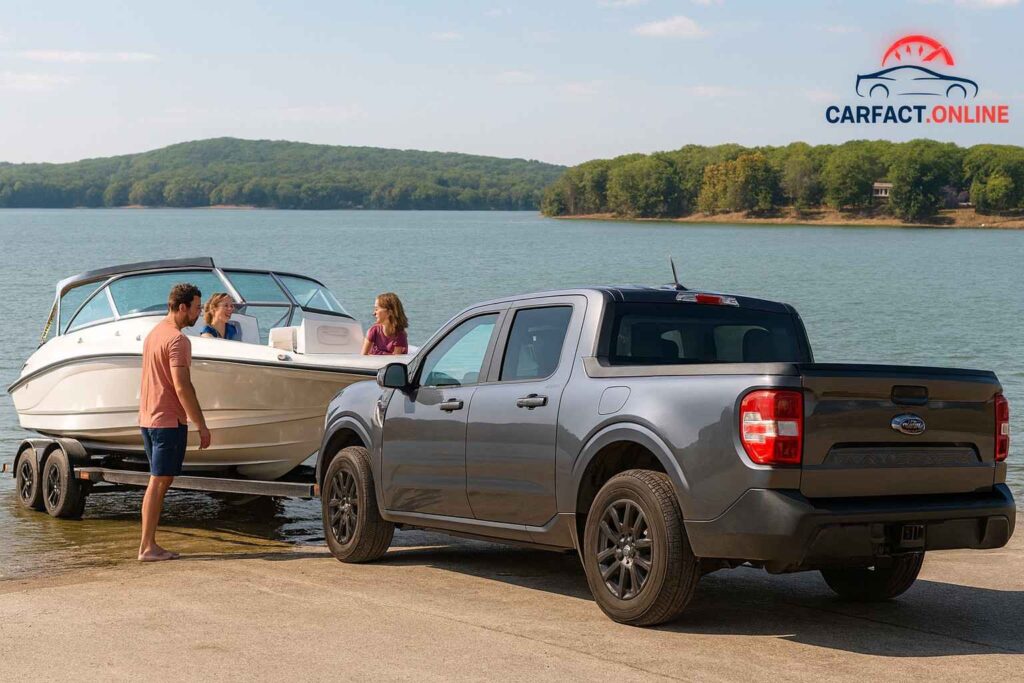 Family using 2025 Ford Maverick AWD to launch a boat at a lakeside ramp.