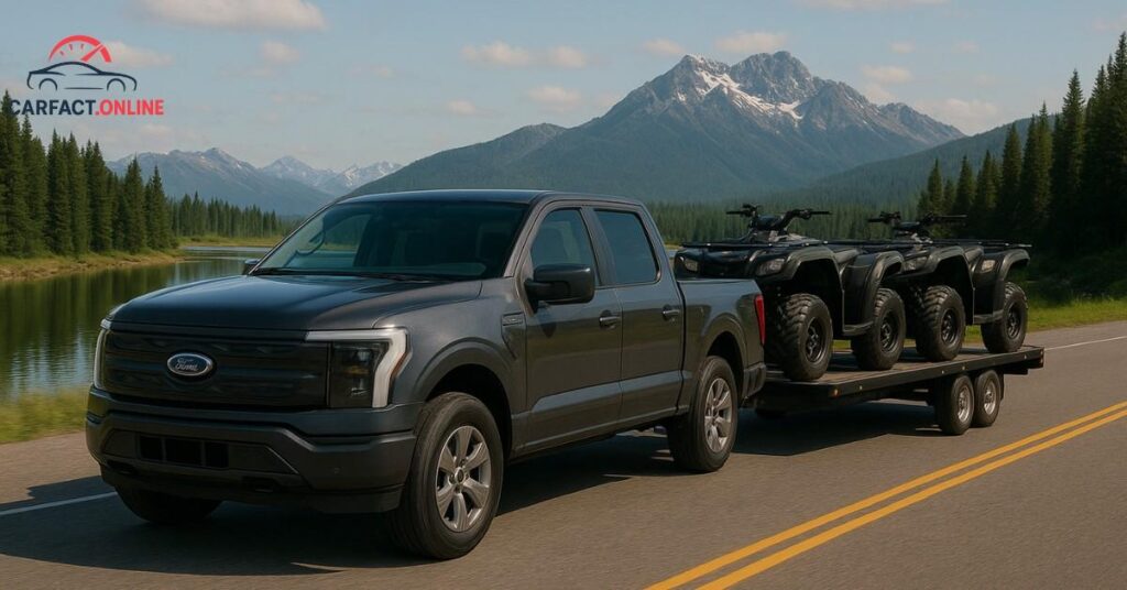 2025 Ford Ranger towing ATVs on a flatbed trailer