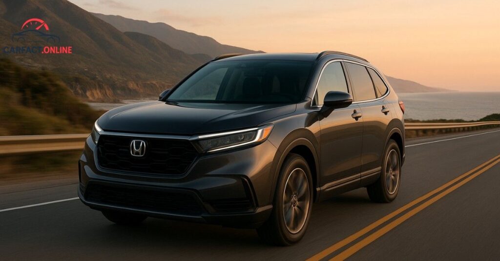 2025 Honda CR-V driving on a scenic coastal highway with mountains in the background.