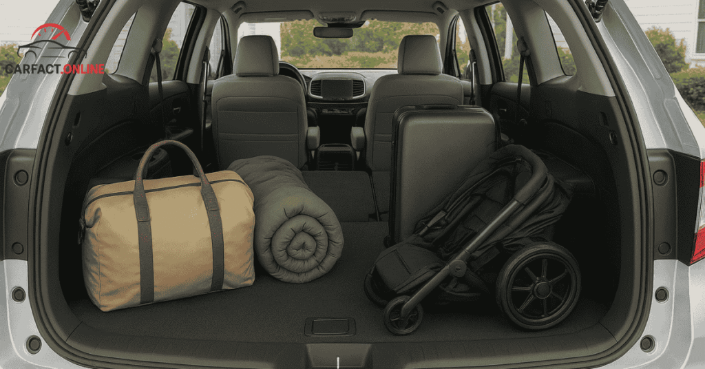 2025 Honda Pilot cargo space with third row folded down, stroller, luggage, and camping gear inside