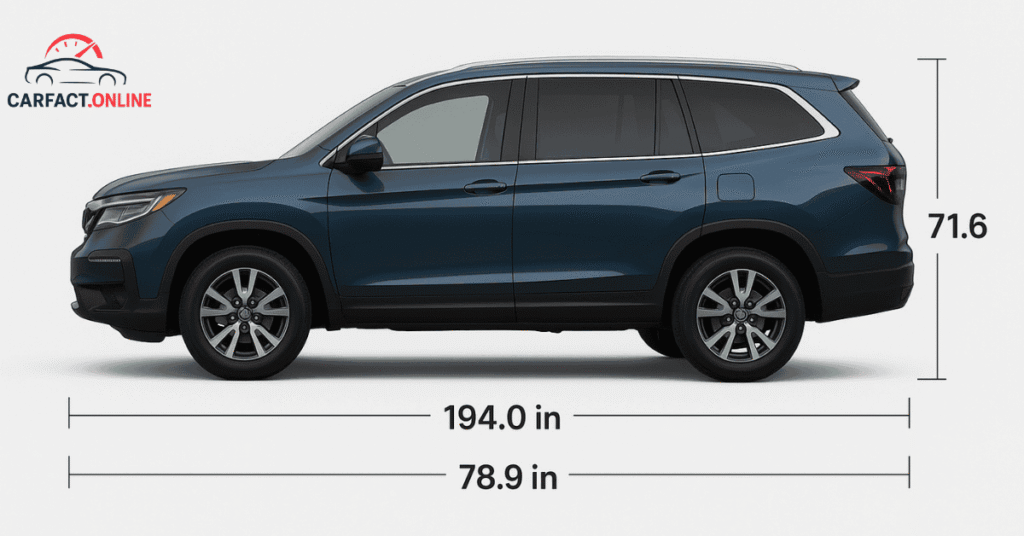 025 Honda Pilot side profile infographic showing length, width, and height dimensions