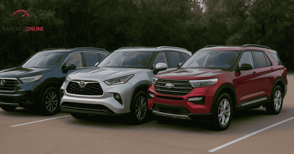 2025 Honda Pilot compared side by side with Toyota Highlander and Ford Explorer in size and cargo capacity