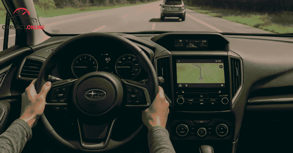 Subaru EyeSight Driver Assist system active with lane centering and adaptive cruise on Crosstrek’s dashboard display.