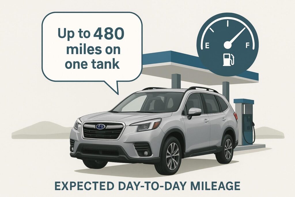 2025 Subaru Forester at a gas station with fuel gauge showing up to 480 miles per tank.