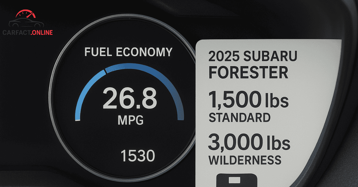 2025 Subaru Forester dashboard with towing specs 1500 lbs standard and 3000 lbs Wilderness