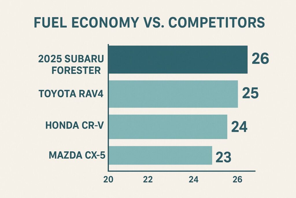 Bar chart comparing 2025 Subaru Forester MPG with Toyota RAV4, Honda CR-V, and Mazda CX-5.