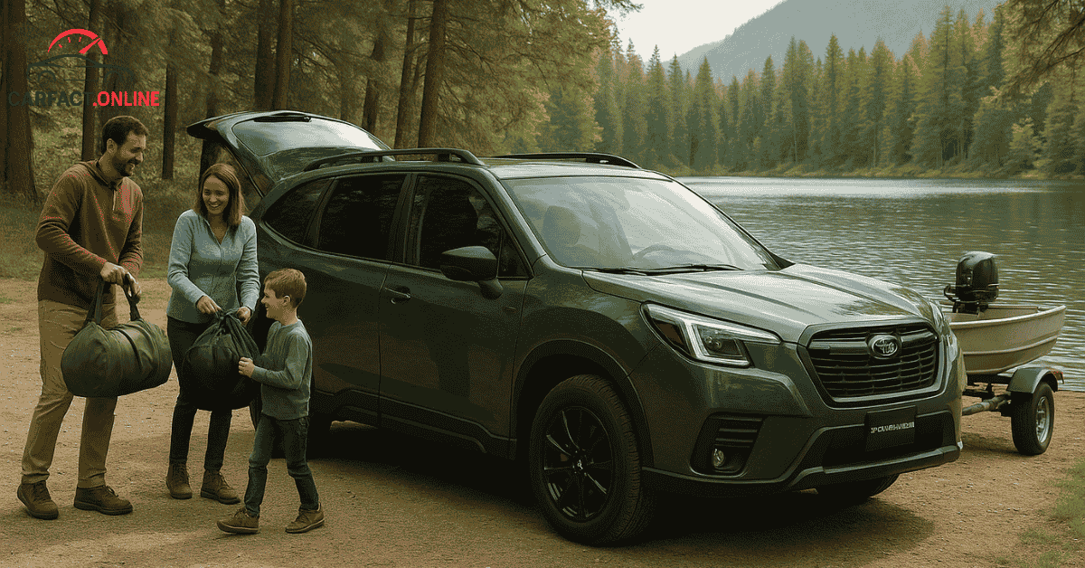 2025 Subaru Forester Wilderness towing small boat by lakeside for weekend family adventure