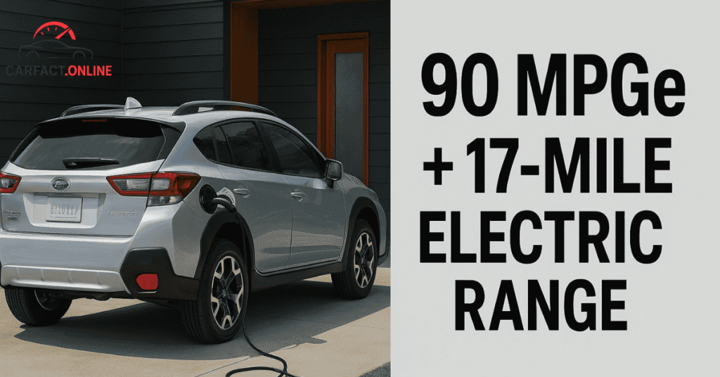 2025 Subaru Crosstrek Hybrid plugged into a home charger with text overlay showing 90 MPGe and 17-mile electric range.