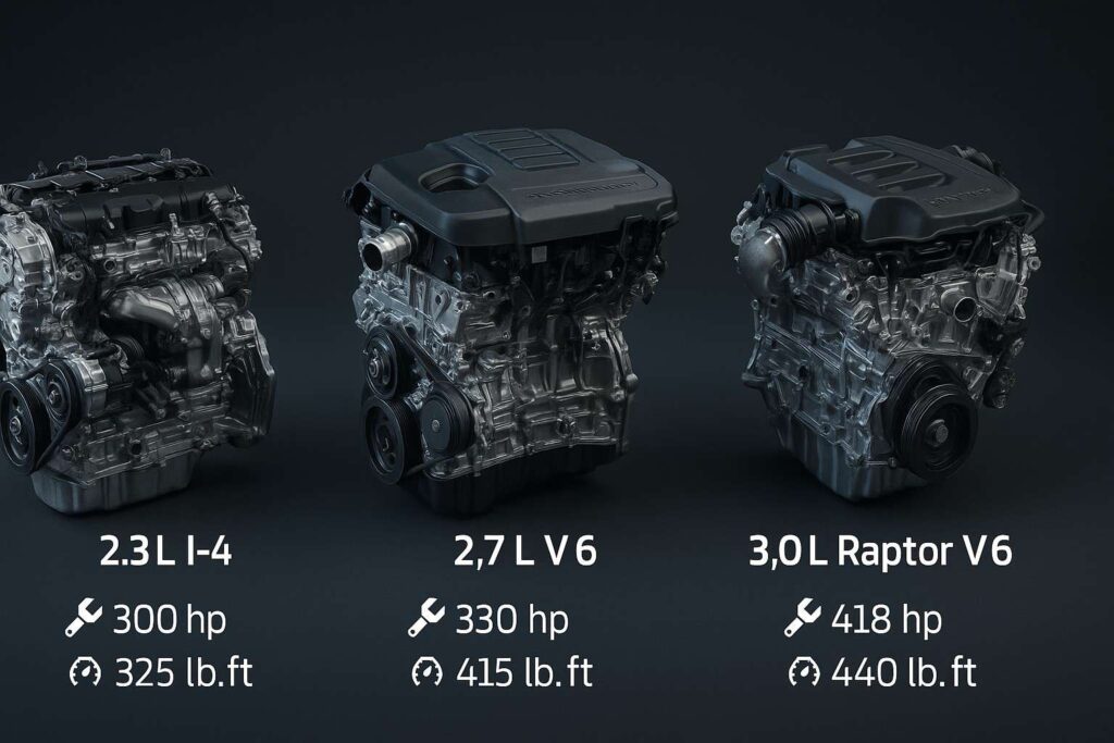 Three 2025 Ford Bronco engines displayed side by side – 2.3 L I-4, 2.7 L V6, and 3.0 L Raptor V6 with horsepower and torque figures.