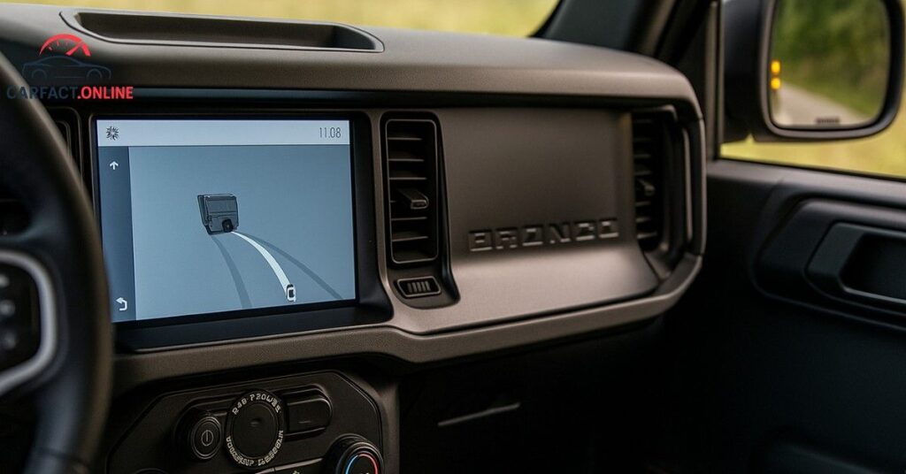 Ford Bronco interior dashboard showing Pro Trailer Backup Assist system and blind-spot warning icons while towing.