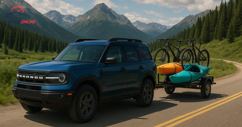 A Ford Bronco Sport towing a trailer with two bicycles and two colorful kayaks on a mountain road.