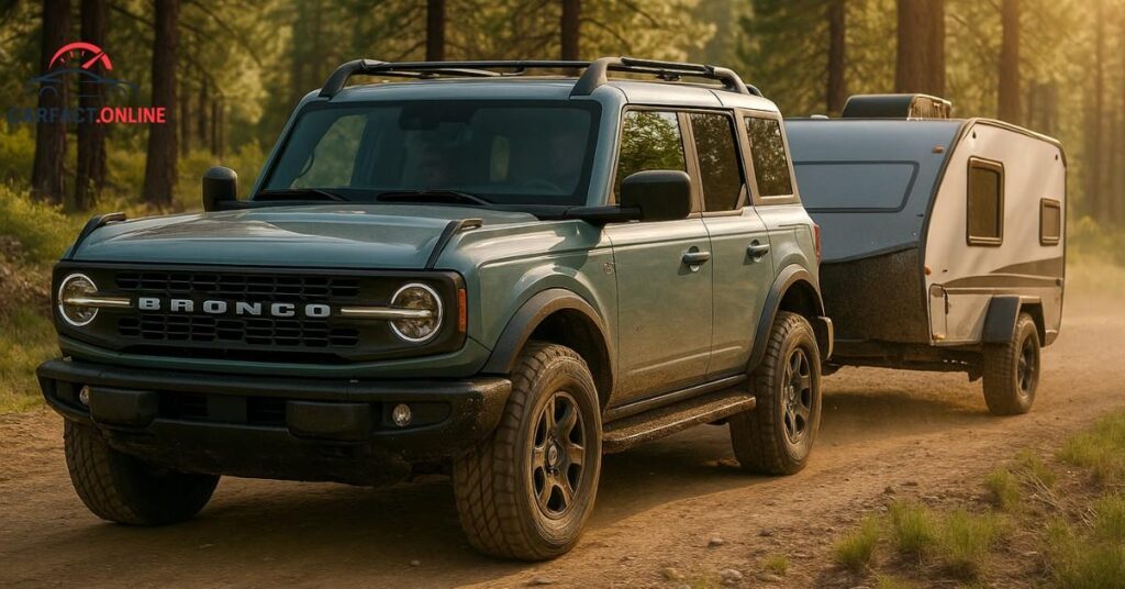 2025 Ford Bronco four-door towing an off-road camping trailer through a forest trail during a family weekend trip.