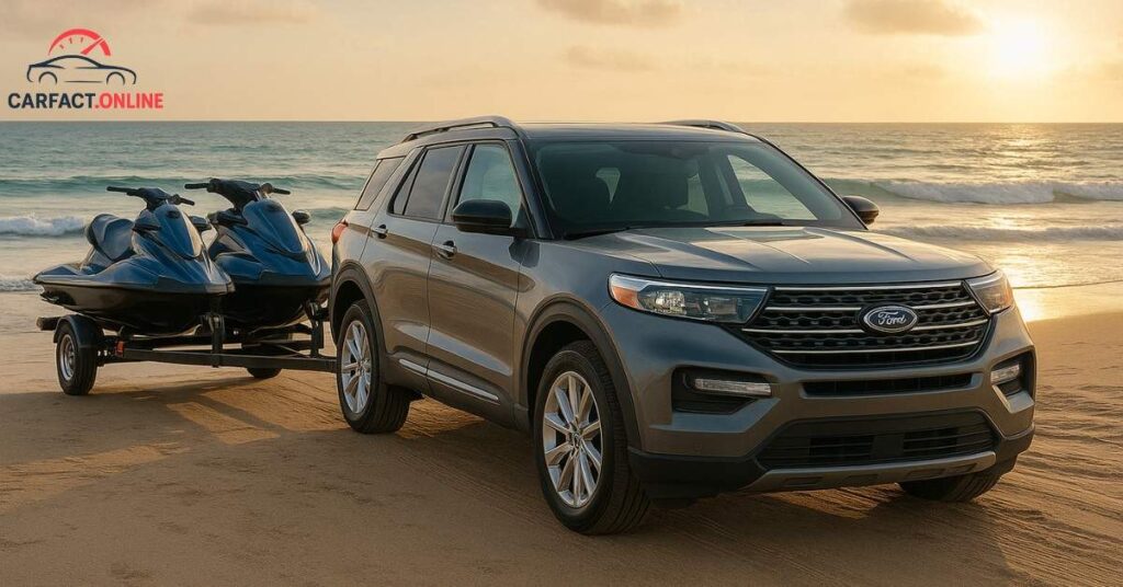 Ford Edge towing jet skis on a sandy beach at sunset