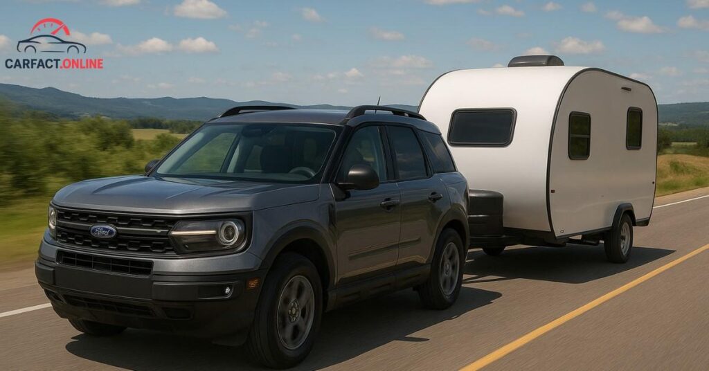 A Ford Escape towing a lightweight white camper trailer on a highway with rolling hills in the background.