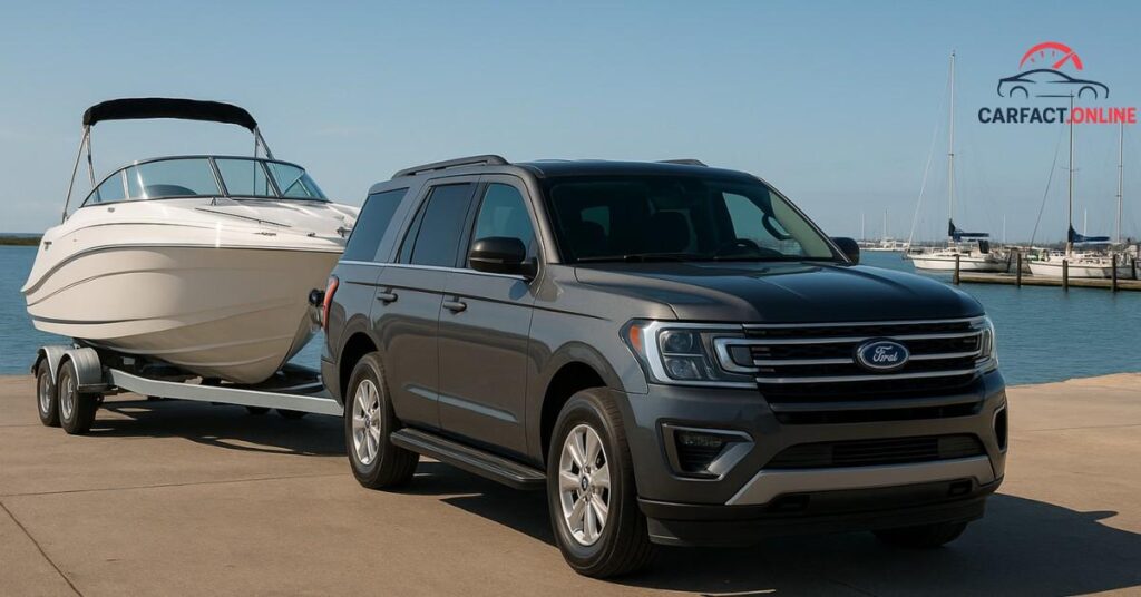 Ford Expedition towing a boat on a trailer at a sunny marina