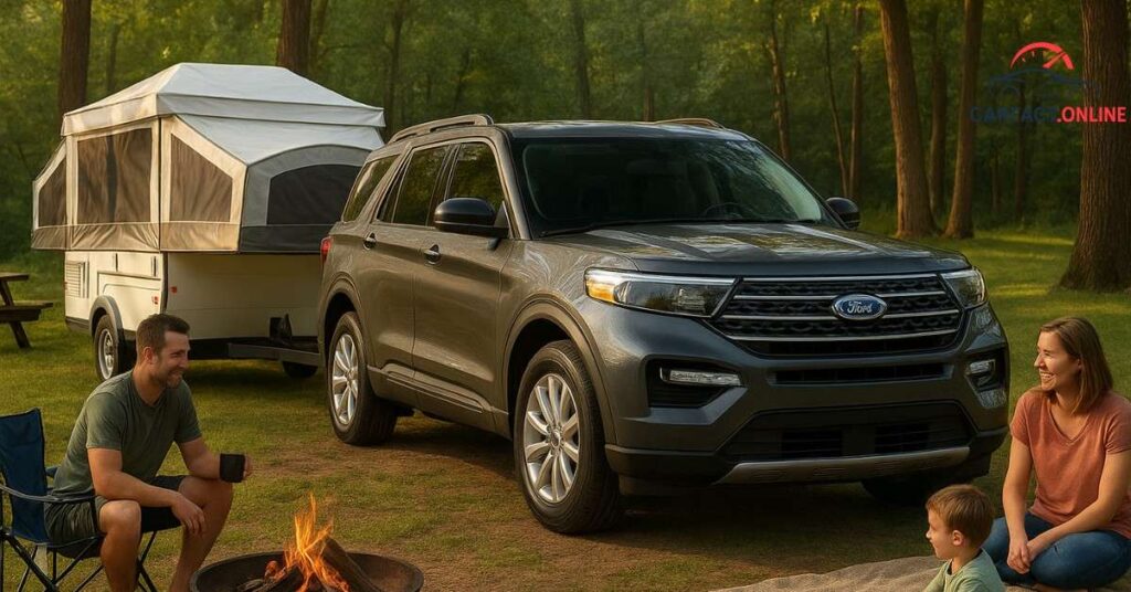 Ford Explorer with a medium camper in a family camping scene