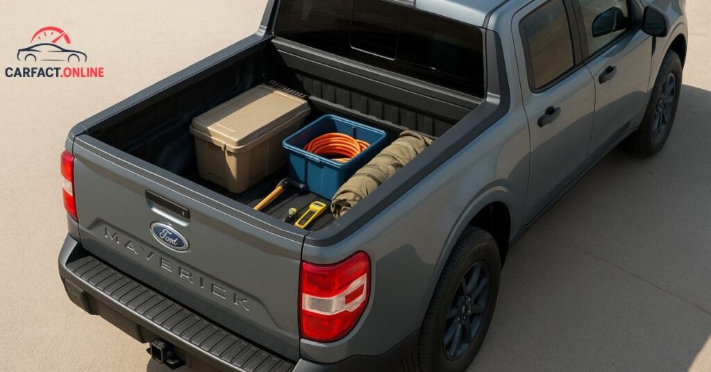 2025 Ford Maverick bed loaded with construction tools and equipment showing payload capacity