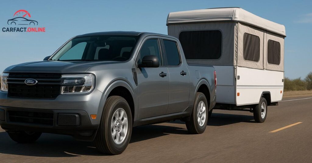 Ford Maverick towing a compact pop-up camper on a highway
