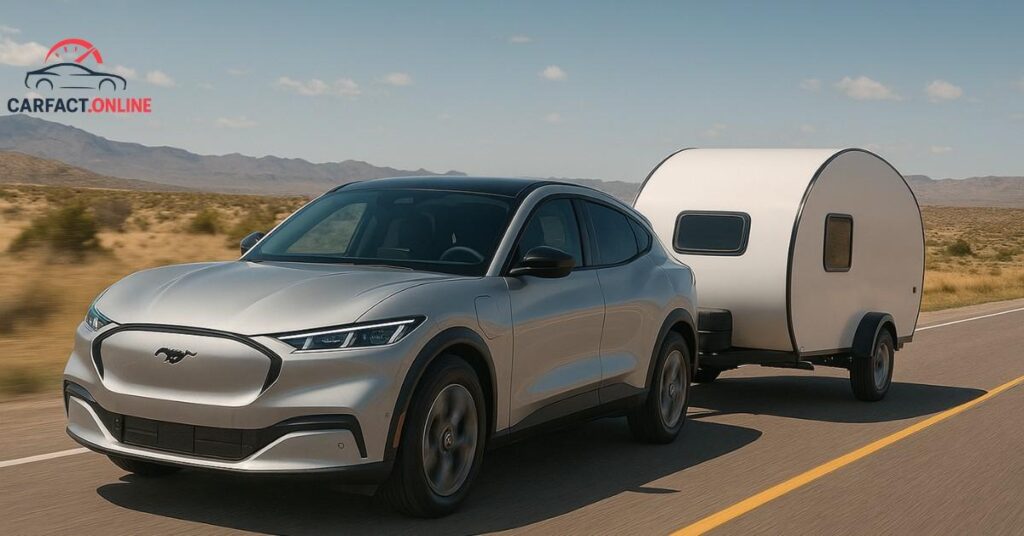 A Ford Mustang Mach-E towing a teardrop camper on a desert highway with mountains in the distance.