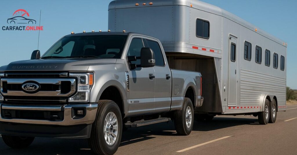 Ford Super Duty towing a large horse trailer on an open road