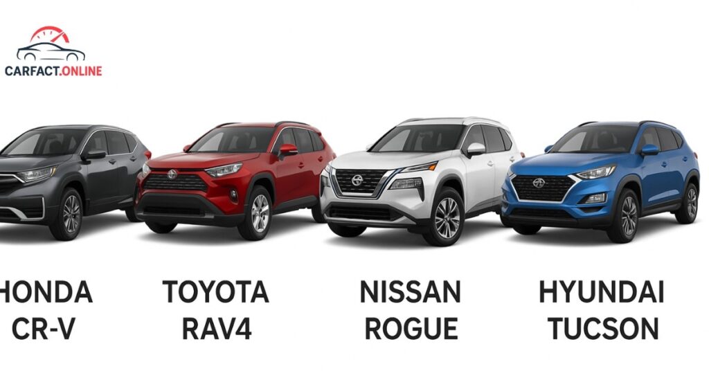 Side-by-side lineup of Honda CR-V, Toyota RAV4, Nissan Rogue, and Hyundai Tucson.