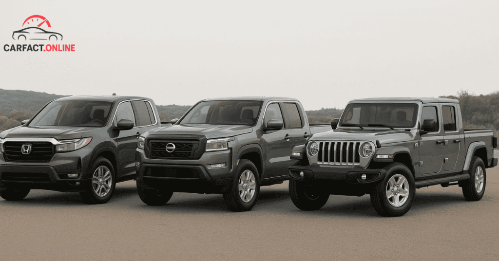 Side-by-side lineup of Honda Ridgeline, Nissan Frontier, and Jeep Gladiator