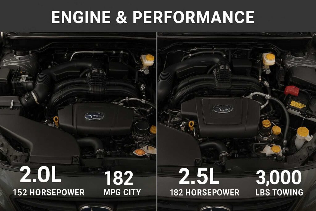 nfographic showing 2025 Subaru Crosstrek 2.0L vs 2.5L engine specs including horsepower, MPG, and towing capacity.